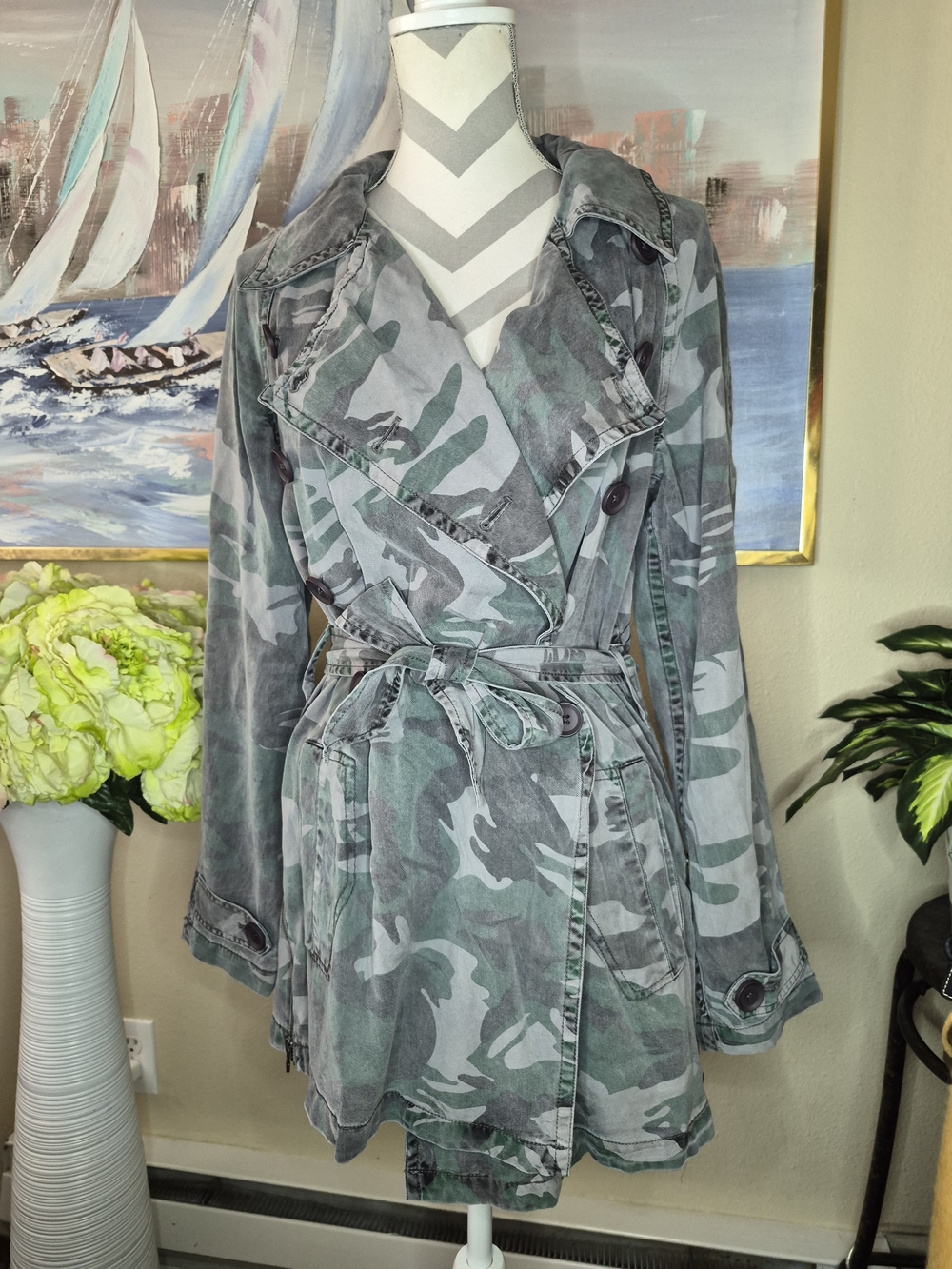 Pam & Gela Green Gray Camo Belted Trench Coat